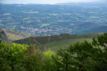 Travelling by old wooden train up to Larrun or La Rhune, Larhune mountain at the western end of the Pyrenees located on border of France and Spain, in traditional Basque provinces Labourd and Navarra