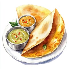 Illustration of a plate with crispy dosa and spicy chutneys, highlighting vibrant colors and flavors. Perfect depiction of traditional Indian cuisine.