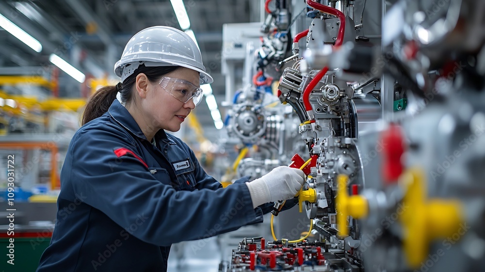 Poster close up portrait of a focused factory engineer closely examining and inspecting the of a newly asse
