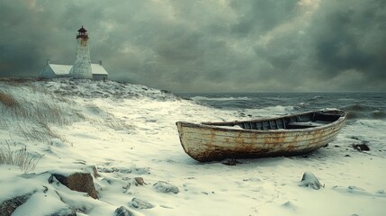 Serene Coastal Landscape Featuring a Lighthouse, Abandoned Boat, and Snow-Covered Beach Under Dramatic Cloudy Sky