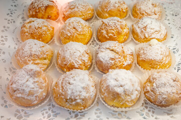 Chouquettes or petits choux are small pieces of French patisserie consisting of small spheres of choux pastry, sugared and baked, Bordeaux, France