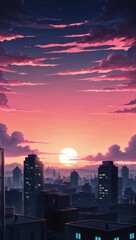 Fototapeta premium Anime sunset background orange and pink skies silhouetted cityscape peaceful calm twilight view