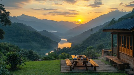 Naklejka premium Serene Mountain Landscape at Sunrise with Cozy Cabin and Picnic Table Overlooking Calm Lake and Lush Greenery in Tranquil Nature Setting