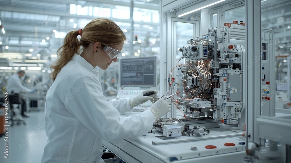Poster industrial engineer carefully inspecting the inner workings of a complex factory machine