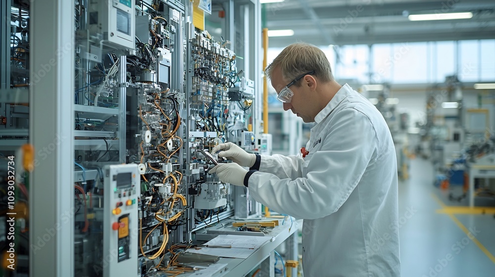 Poster Industrial engineer meticulously examining the inner workings of a sophisticated factory machine with natural light filtering through windows and illuminating the intricate details and tools in focus