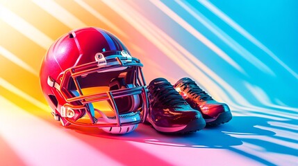 Naklejka premium Vibrant American Football Gear Display on Colorful Background with Negative Space for Text - Clean and Striking Sports Advertising Concept