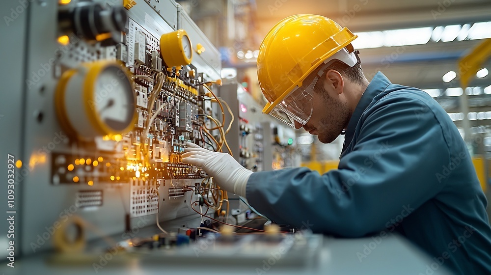 Poster close up portrait of an industrial engineer inspecting the complex circuitry and gauges of a factory