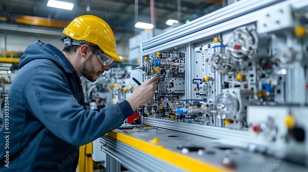 Poster Skilled industrial technician intricately studying the inner mechanisms and precise engineering of complex manufacturing equipment in a factory workshop setting