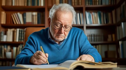 Elderly Man Thoughtfully Writing Memoirs in Cozy Study with Bookshelves