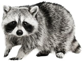 Beautiful white grey raccoon looking at camera curiously with his bright smart, cute eyes against transparent background. Environmental care. Concept of animals, veterinary, zoo, wildlife. Ad