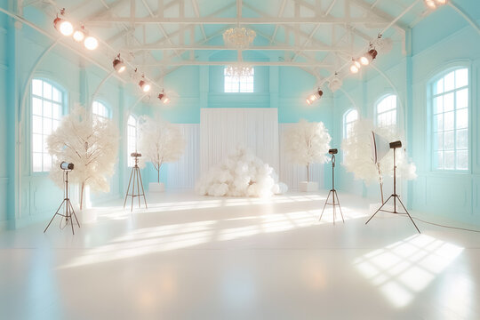 Spacious studio with light blue walls, white decor, and pro lighting. perfect for artistic photography