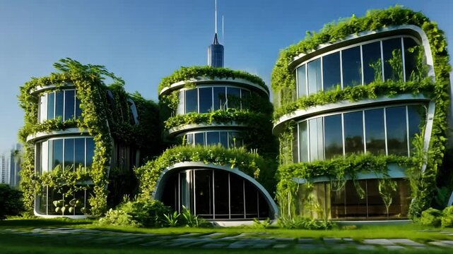 Green Architecture: A Futuristic Vision:  An eco-friendly architectural masterpiece, this striking building is enveloped in lush greenery, showcasing a harmonious blend of nature and modern design.