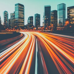 Fototapeta premium City highway at night with light trails and skyscrapers.