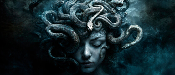 Portrait of Medusa with closed eyes and intertwined black snakes as hair, rendered in monochromatic blue tones against a misty dark background. Generative AI