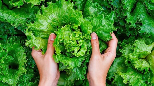 Hands carefully holding fresh green lettuce leaves from a bountiful harvest. Concept of organic farming and healthy eating.