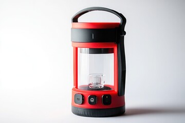 A red lantern-style camping light on it, featuring an LED and clear plastic lens in front of a white background3