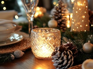 Christmas dinner table setup with vibrant decor, soft lighting, cozy family atmosphere