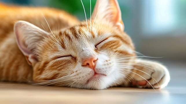 Ginger tabby cat comfortably dozing in a cozy sunbeam on a warm hardwood floor exuding a sense of relaxation and peaceful bliss in the tranquil indoor setting