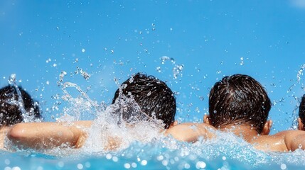 Clear water splashing as a group of friends cannonball into the pool together, group cannonball splash, synchronized pool fun