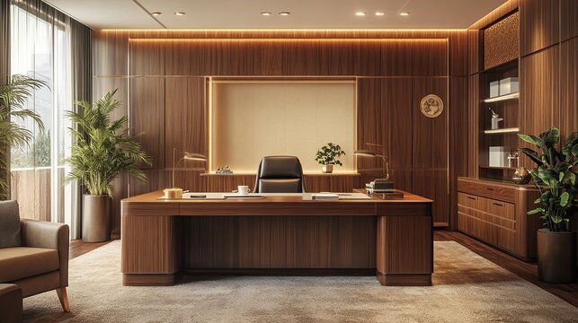 Office space with elegant wooden furniture with comfortable chairs and work desks