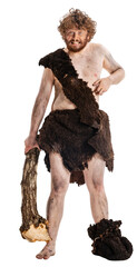 Portrait of dirty man in character of Neanderthal climbing with log isolated over white background....