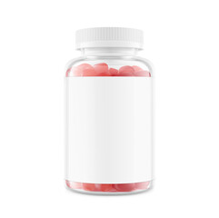 Clear eye-catching pill bottle with label mockup for supplements, vitamins, gummies. Vector illustration isolated on white backgrounds. Mockup is ideal for health projects. EPS10.