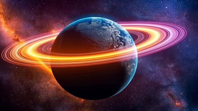 A stunning view of a planet with glowing colorful rings against a cosmic backdrop. Concept of space exploration and the beauty of the universe.