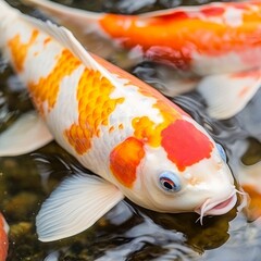 Close-up of vibrant Koi fish in pond.