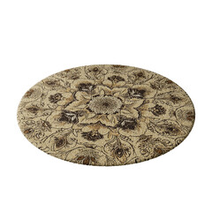 A round rug with a floral design sits on a white background
