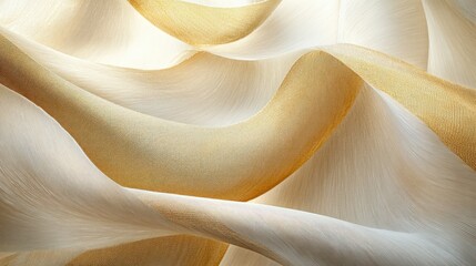 An elegant golden gradient with a subtle interplay of beige and white tones, overlaid with flowing gold ribbon-like patterns for a touch of movement. Wide angle lens.