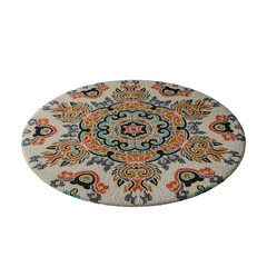 A round rug with a pattern of flowers and leaves