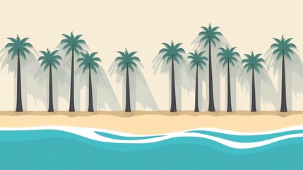 Obraz premium Idyllic Tropical Beach Landscape with Palm Trees and Turquoise Waters Flat Design of a Perfect Beach Destination with Lush Palms Clear Sky and Calm Seas