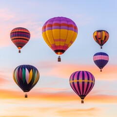 Fototapeta premium Colorful hot air balloons soar in a vibrant sunset sky.
