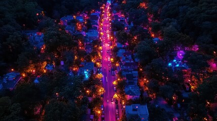 Obraz premium Night Cityscape Aerial View of Illuminated Street Houses and Trees