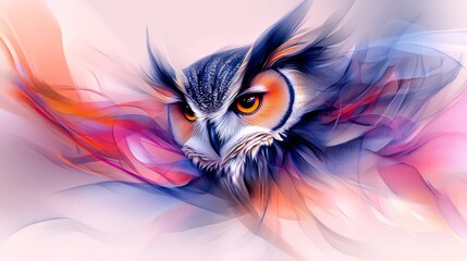 Obraz premium This striking owl showcases its intense gaze amidst vibrant swirls of color, creating a magical atmosphere that captures its majestic presence