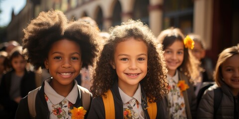 Two smiling girls with backpacks and floral outfits leading a group of children in urban setting
