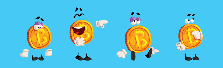 Golden Bitcoin Character with Different Emotion on Blue Background Vector Set