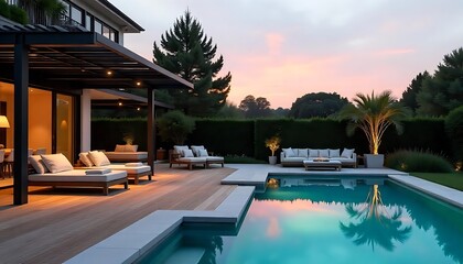 Luxury Modern Home with Pool at Sunset in Tranquil Setting. generator AI