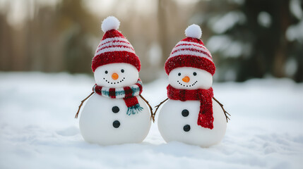 Obraz premium Two cheerful snowmen standing in winter christmas landscape. Merry christmas and happy new year greeting card