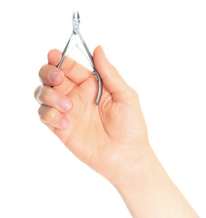 Woman hand holds cosmetic cuticle nippers, isolated on transparent background, cosmetics and visage concept