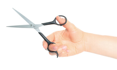 Woman hand holds Office Scissors, isolated on transparent background, stationery concept