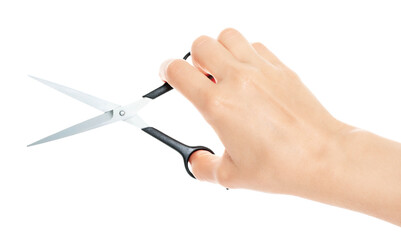 Woman hand holds Office Scissors, isolated on transparent background, stationery concept