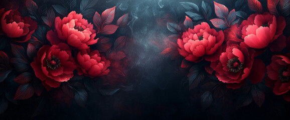 Abstract dark floral background with a large empty space in the center for text, a dark red and black color palette, peonies, leaves, petals, a smoke effect, dark, mysterious, gothic style, fantasy.