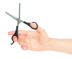 Woman hand holds Office Scissors, isolated on transparent background, stationery concept