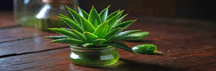 Fototapeta premium Aloe Vera Leaves with Gel on Dark Wooden Surface