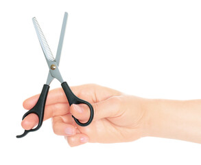 Woman hand holds Office Scissors, isolated on transparent background, stationery concept