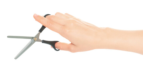 Woman hand holds Office Scissors, isolated on transparent background, stationery concept