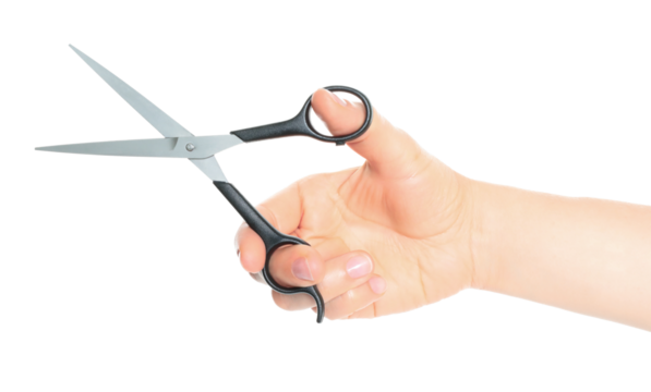 Woman hand holds Office Scissors, isolated on transparent background, stationery concept