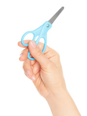 Woman hand holds Office Scissors, isolated on transparent background, stationery concept