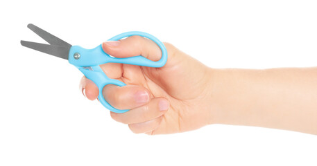 Woman hand holds Office Scissors, isolated on transparent background, stationery concept
